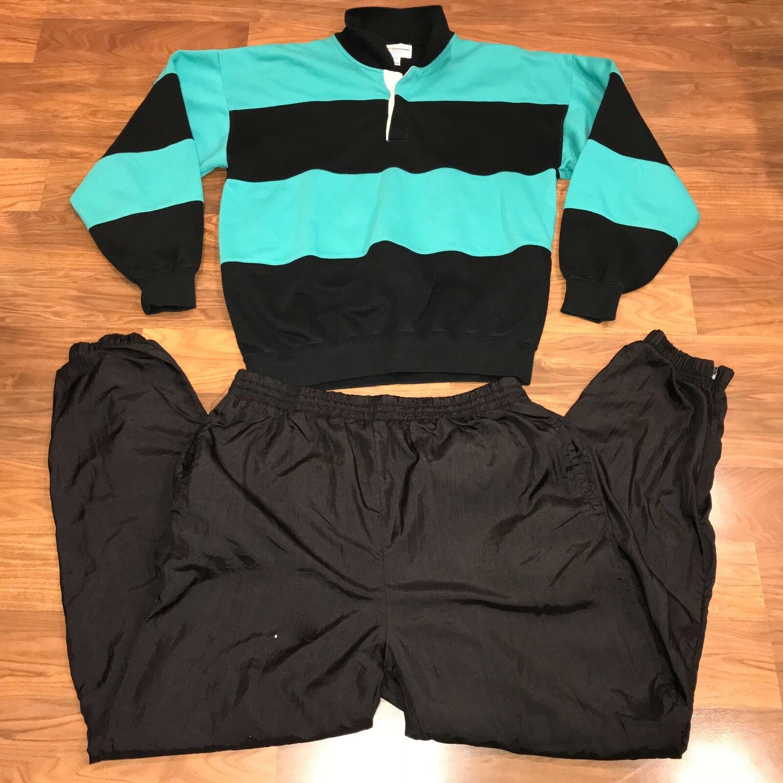 Vtg 80s 90s Track Suit Green Black Sweatshirt Jacket Coat Pants Mens Large Xl